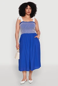 Womens Plus Size Smocked Tie Shoulder Midi Dress, Blue, Size 1X