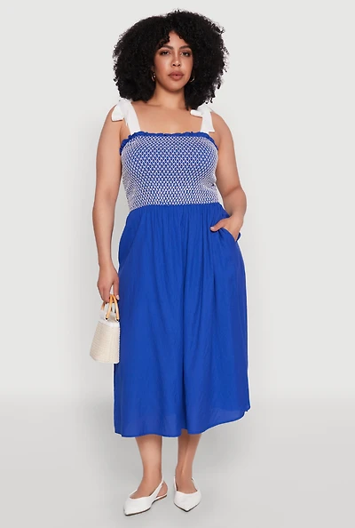 Womens Plus Smocked Tie Shoulder Midi Dress,