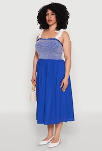Womens Plus Size Smocked Tie Shoulder Midi Dress, Blue, Size 1X