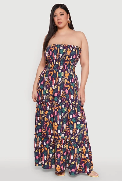 Womens Plus Size House Plant Print Tiered Maxi Dress, Multi, Size 1X
