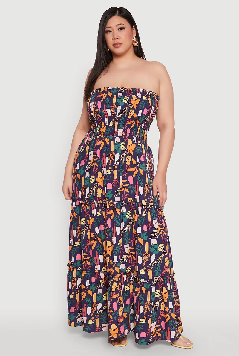 Plus House Plant Print Tiered Maxi Dress