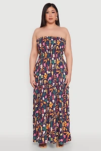 Womens Plus Size House Plant Print Tiered Maxi Dress, Multi, Size 1X