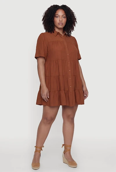 Plus Crepe Knit Button Front Tiered Dress