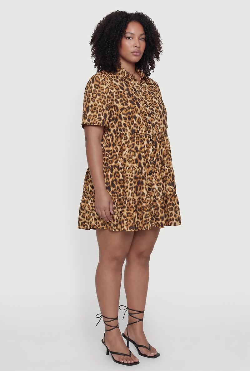 Leopard Print Short Sleeve Tiered Shirt Dress