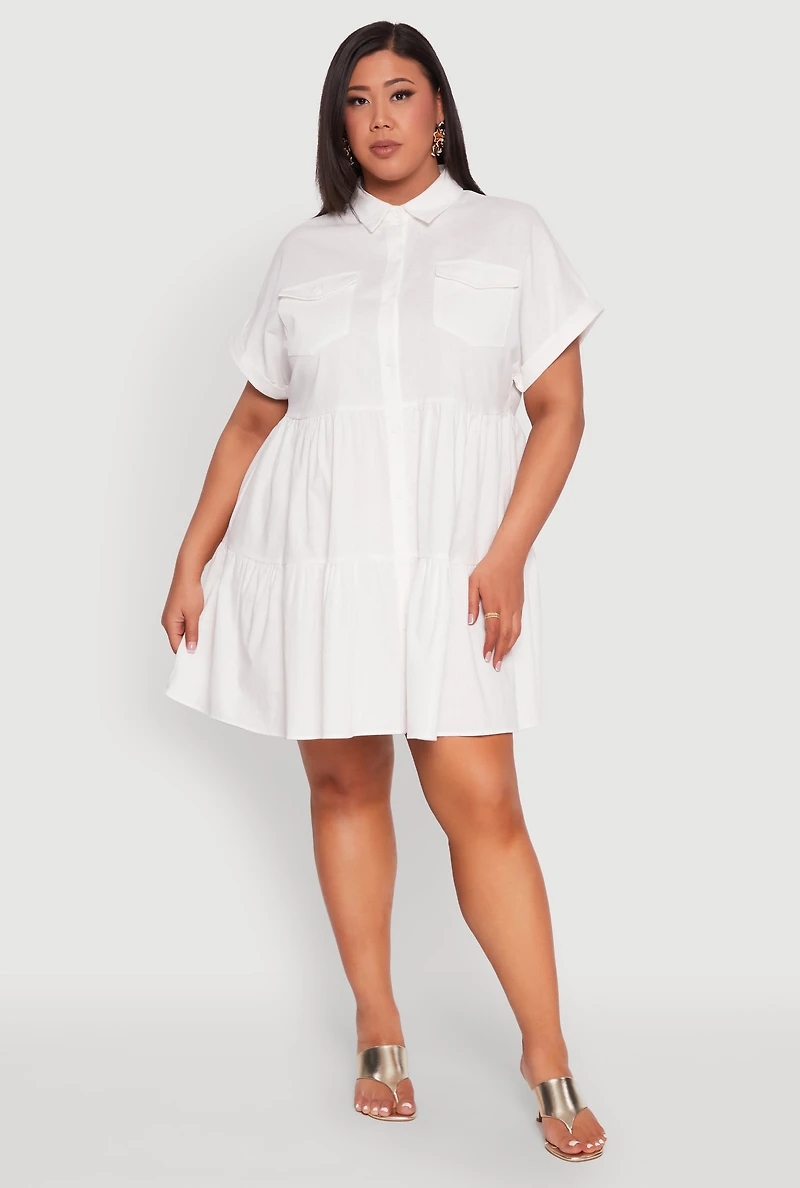 Womens Plus Size Tiered Mini Dress, White, Size 2X