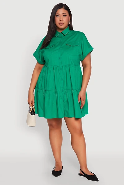 Womens Plus Size Tiered Mini Dress, Green, Size 3X