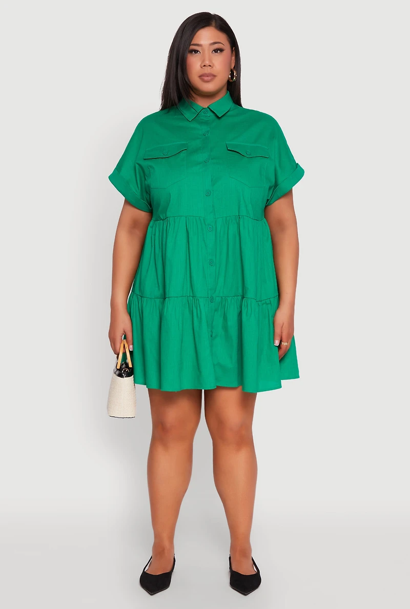 Womens Plus Size Tiered Mini Dress, Green, Size 2X