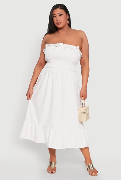 Womens Plus Size Ruffle Trim Tiered Midi Dress, White, Size 2X