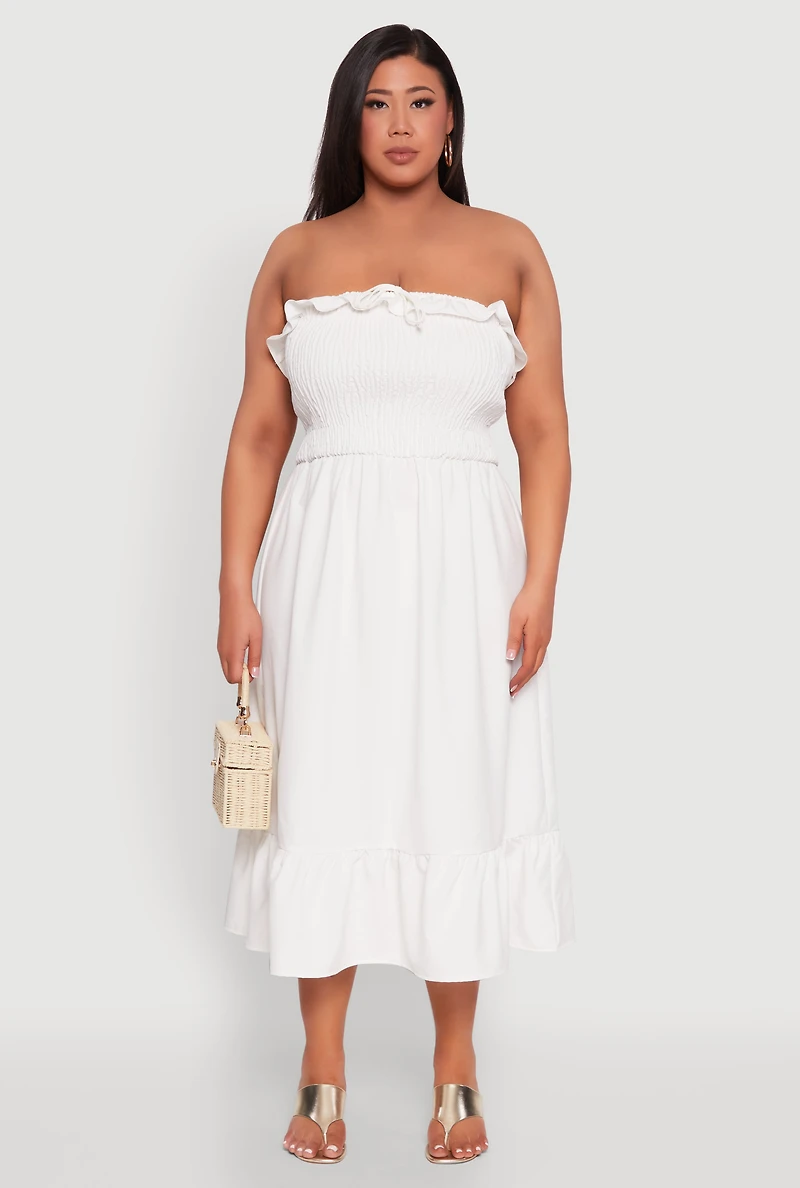 Womens Plus Size Ruffle Trim Tiered Midi Dress, White, Size 3X