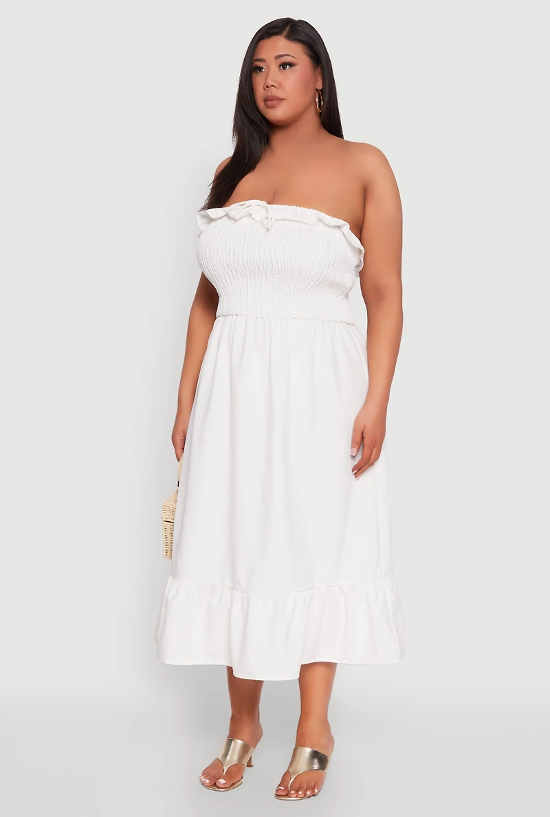 Womens Plus Size Ruffle Trim Tiered Midi Dress, White, Size 3X