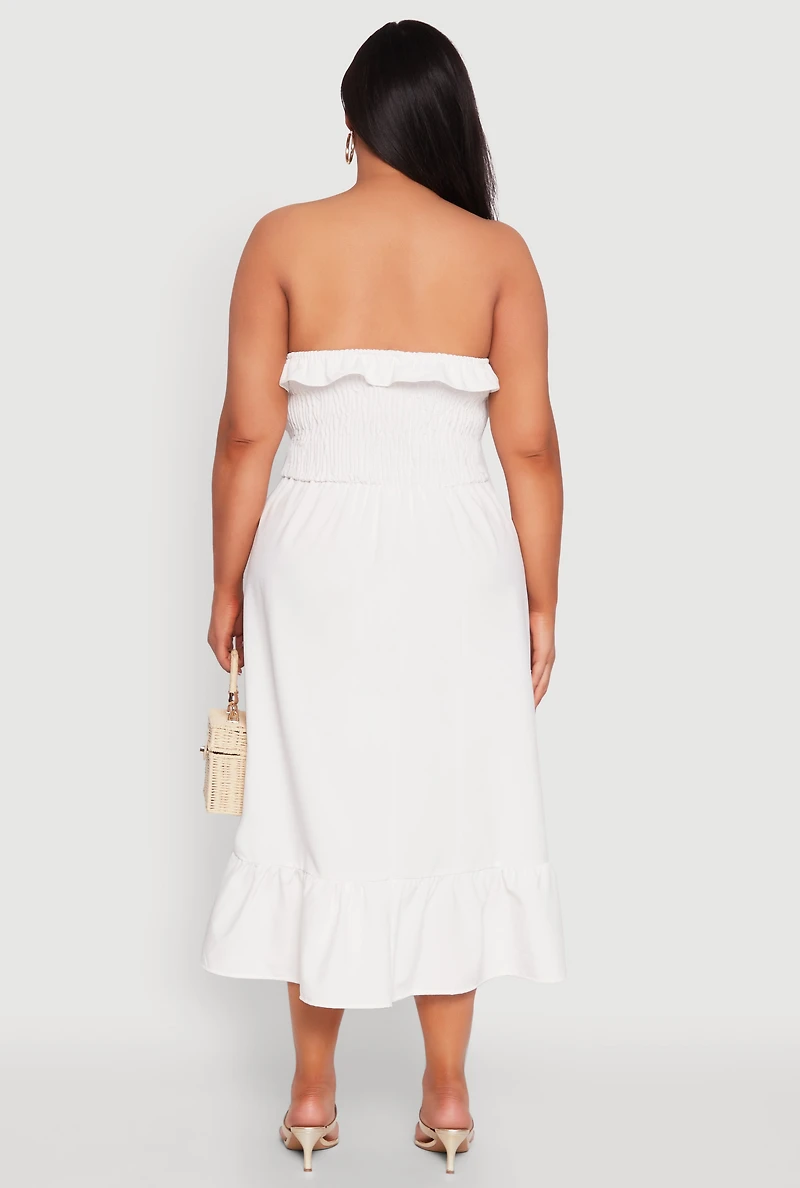 Womens Plus Size Ruffle Trim Tiered Midi Dress, White, Size 3X