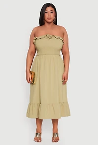 Womens Plus Size Ruffle Trim Tiered Midi Dress, Green, Size 1X