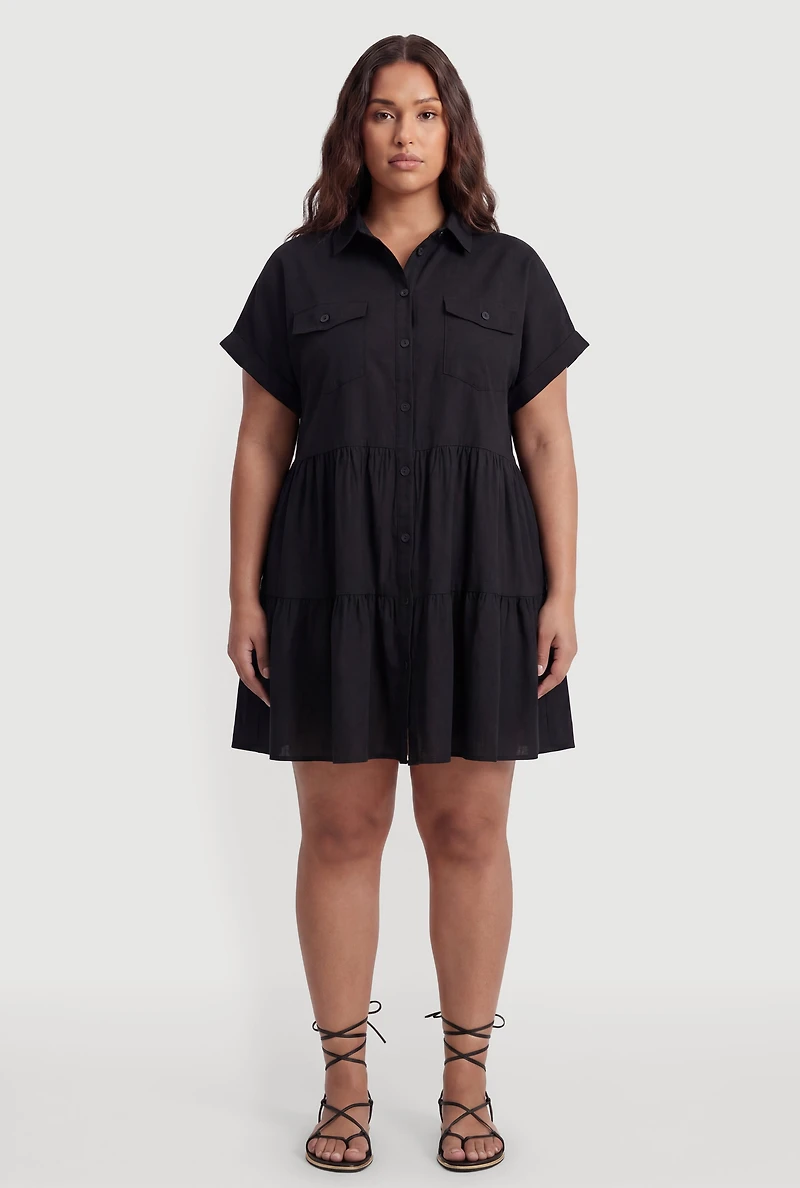 Plus Ruffle Tiered Button Front Shirt Dress