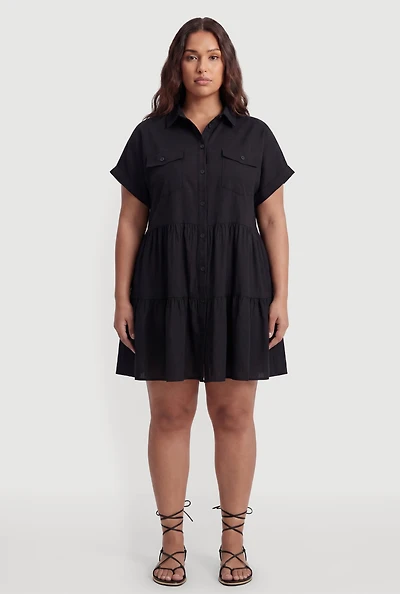 Plus Ruffle Tiered Button Front Shirt Dress