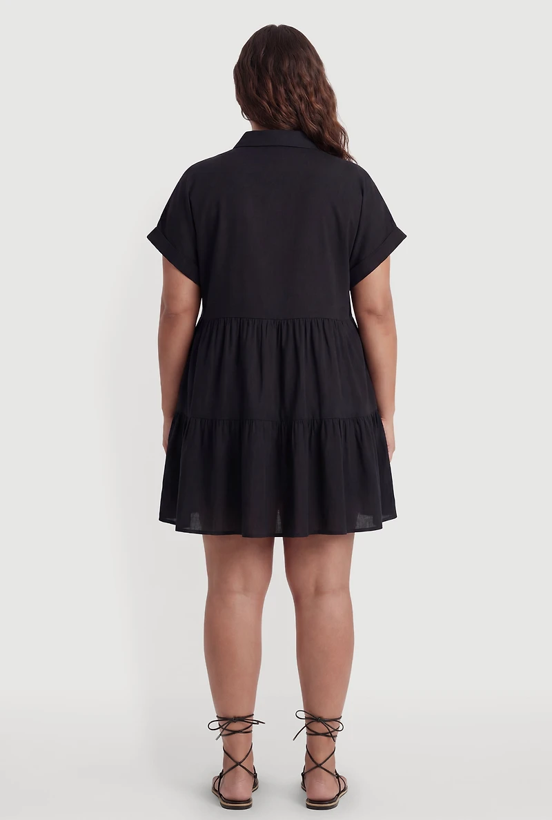 Plus Ruffle Tiered Button Front Shirt Dress