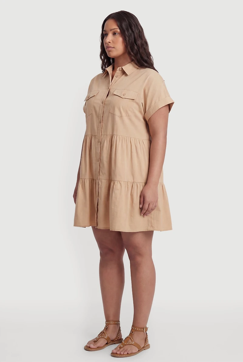 Plus Ruffle Tiered Button Front Shirt Dress
