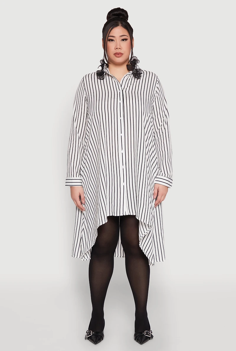Plus Striped High Low Hem Shirt Dress