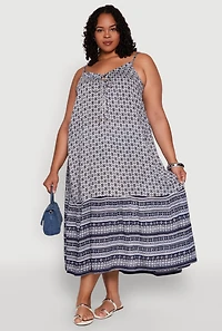 Womens Plus Size Border Print Keyhole Maxi Dress, Blue, Size 1X