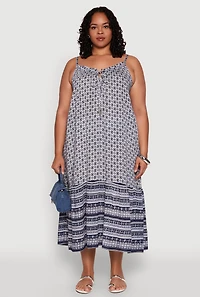 Womens Plus Size Border Print Keyhole Maxi Dress, Blue, Size 1X