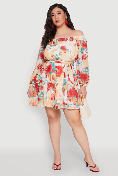 Womens Plus Size Off The Shoulder Tiered Dress, Multi, Size 2X