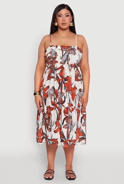 Womens Plus Size Floral Print Smocked Tiered Midi Dress, Multi, Size 1X