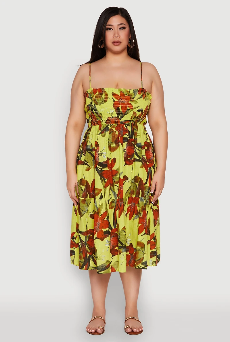 Womens Plus Floral Print Smocked Tiered Midi Dress,