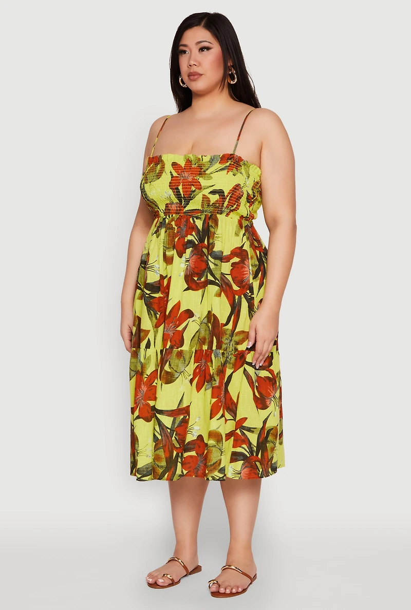 Womens Plus Floral Print Smocked Tiered Midi Dress, Green,