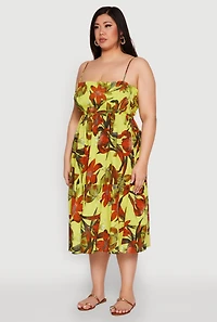 Womens Plus Floral Print Smocked Tiered Midi Dress, Green,