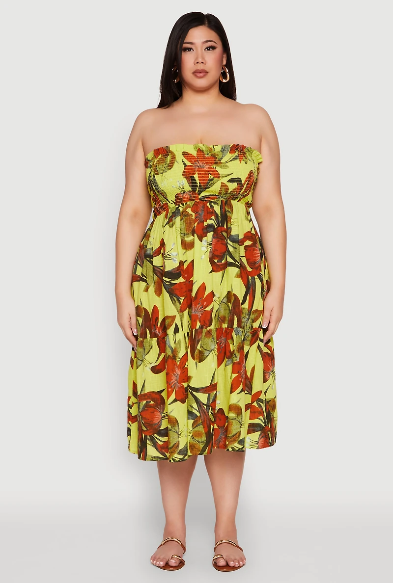 Womens Plus Floral Print Smocked Tiered Midi Dress,