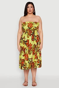Womens Plus Floral Print Smocked Tiered Midi Dress,