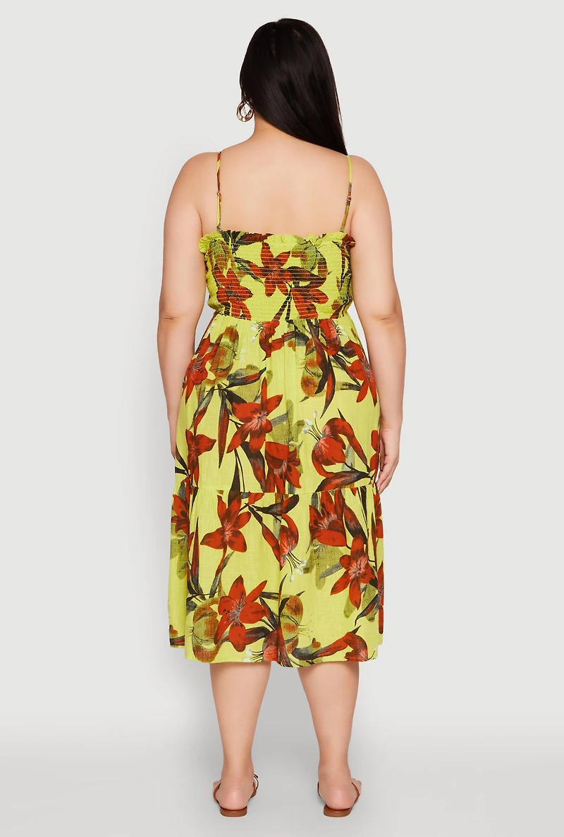 Womens Plus Floral Print Smocked Tiered Midi Dress,