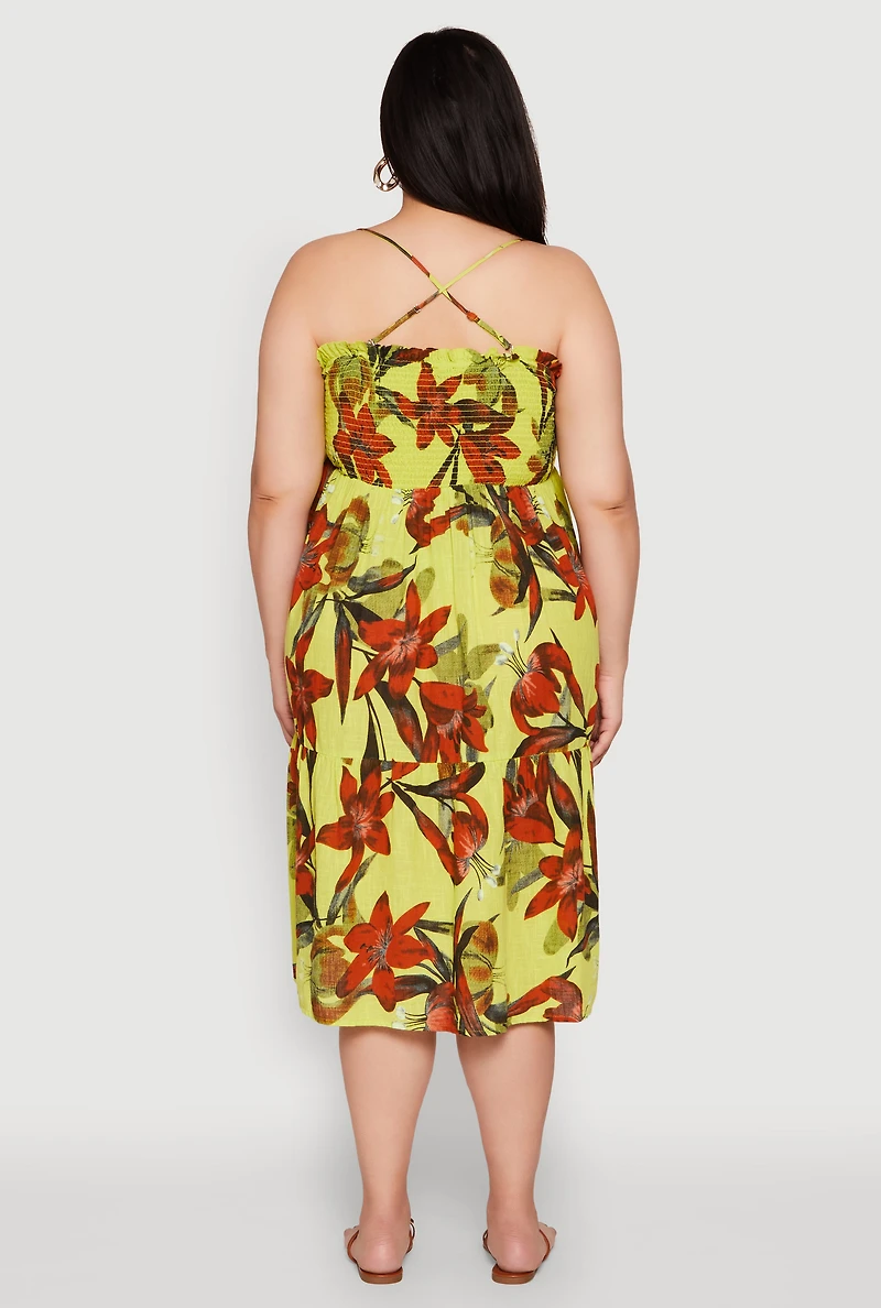 Plus Floral Print Smocked Tiered Midi Dress