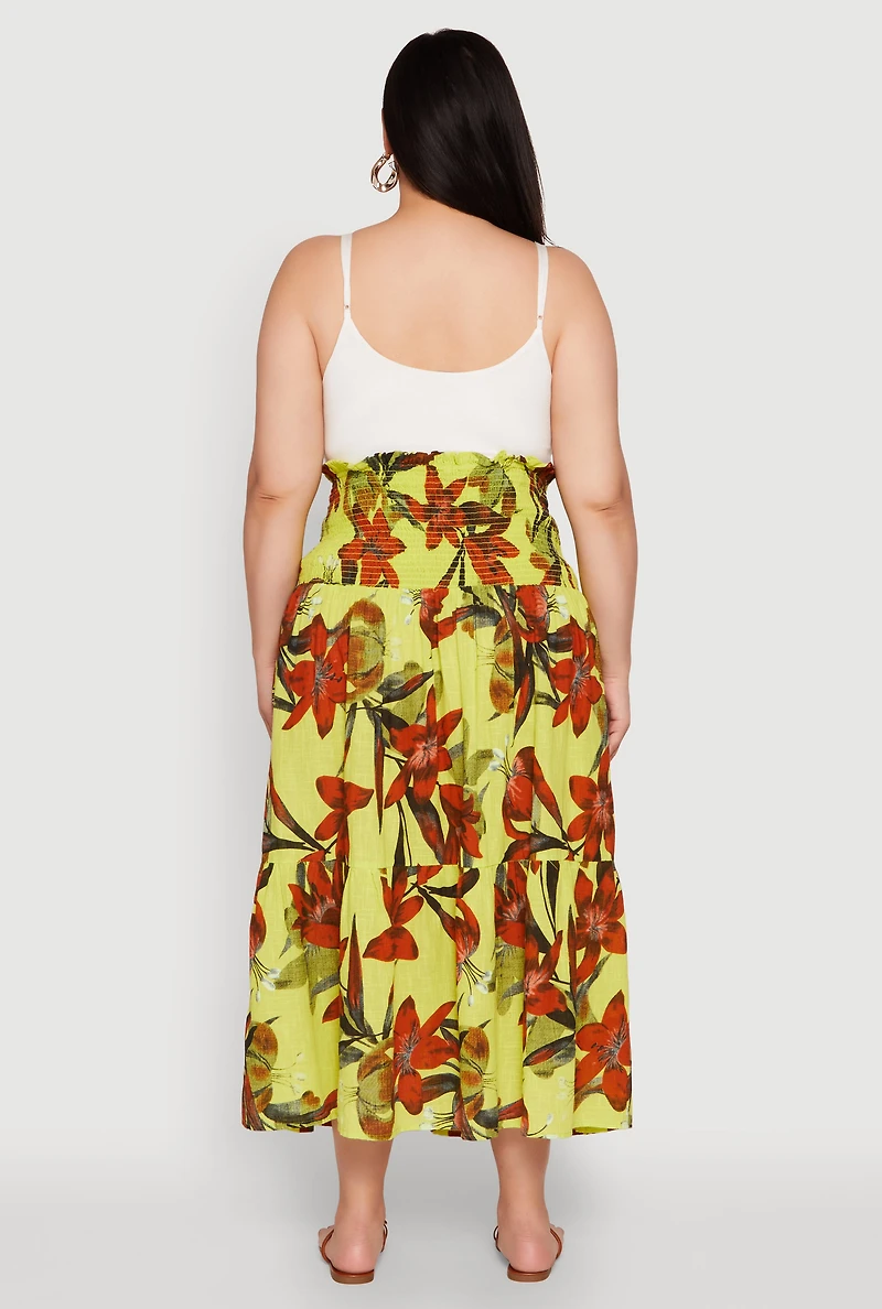 Womens Plus Floral Print Smocked Tiered Midi Dress,