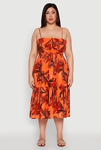 Plus Floral Print Smocked Tiered Midi Dress