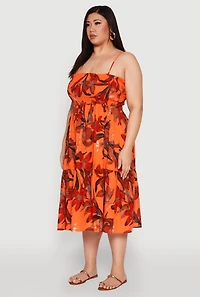 Womens Plus Size Floral Print Smocked Tiered Midi Dress, Orange, Size 3X
