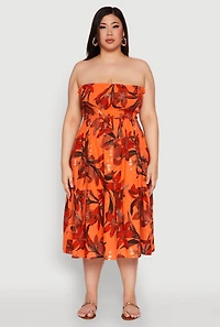 Womens Plus Size Floral Print Smocked Tiered Midi Dress, Orange, Size 3X