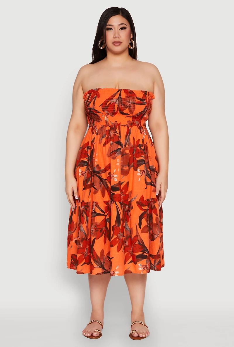 Womens Plus Size Floral Print Smocked Tiered Midi Dress, Orange, Size 3X