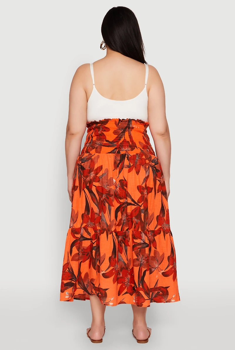 Womens Plus Size Floral Print Smocked Tiered Midi Dress, Orange, Size 3X