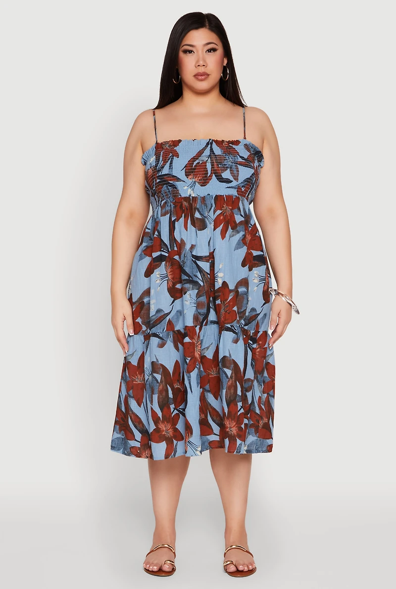 Plus Floral Print Smocked Tiered Midi Dress