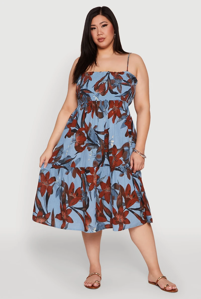 Womens Plus Size Floral Print Smocked Tiered Midi Dress, Blue, Size 2X