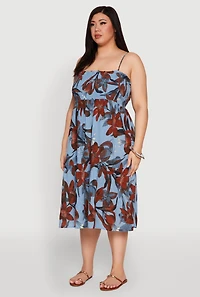Womens Plus Size Floral Print Smocked Tiered Midi Dress, Blue, Size 2X