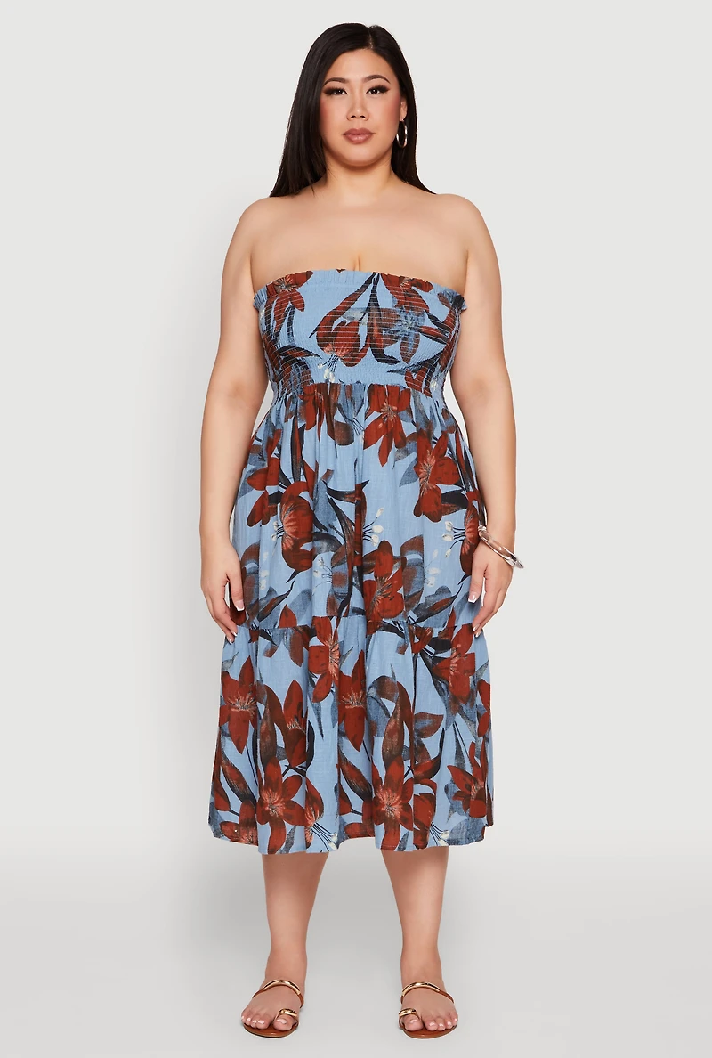 Womens Plus Size Floral Print Smocked Tiered Midi Dress, Blue, Size 2X