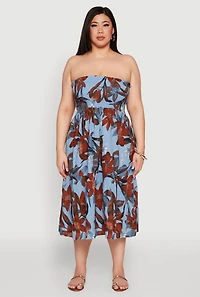 Womens Plus Size Floral Print Smocked Tiered Midi Dress, Blue, Size 2X