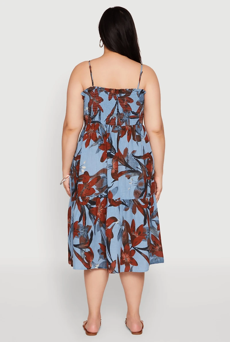 Womens Plus Size Floral Print Smocked Tiered Midi Dress, Blue, Size 2X