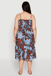 Womens Plus Size Floral Print Smocked Tiered Midi Dress, Blue, Size 2X