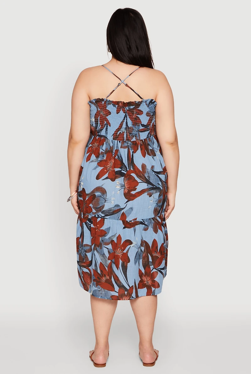 Womens Plus Size Floral Print Smocked Tiered Midi Dress, Blue, Size 2X