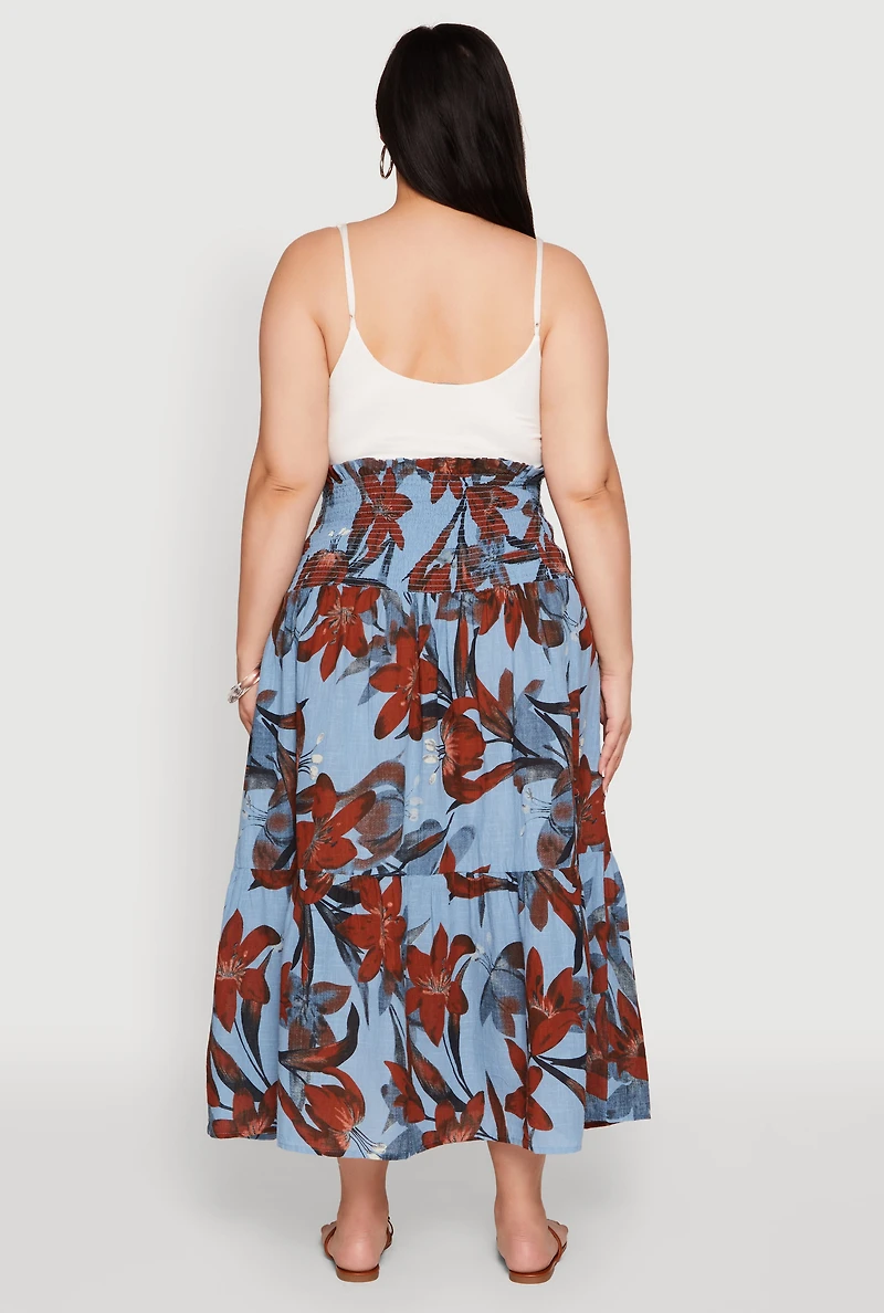 Womens Plus Size Floral Print Smocked Tiered Midi Dress, Blue, Size 2X