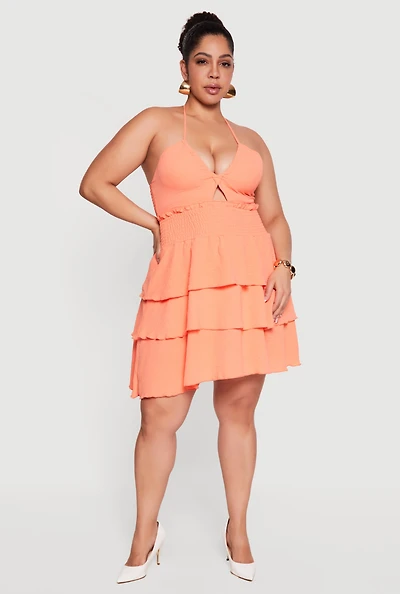 Plus Smocked Tiered Ruffle Halter Neck Mini Dress