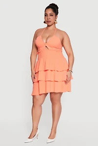 Plus Smocked Tiered Ruffle Halter Neck Mini Dress