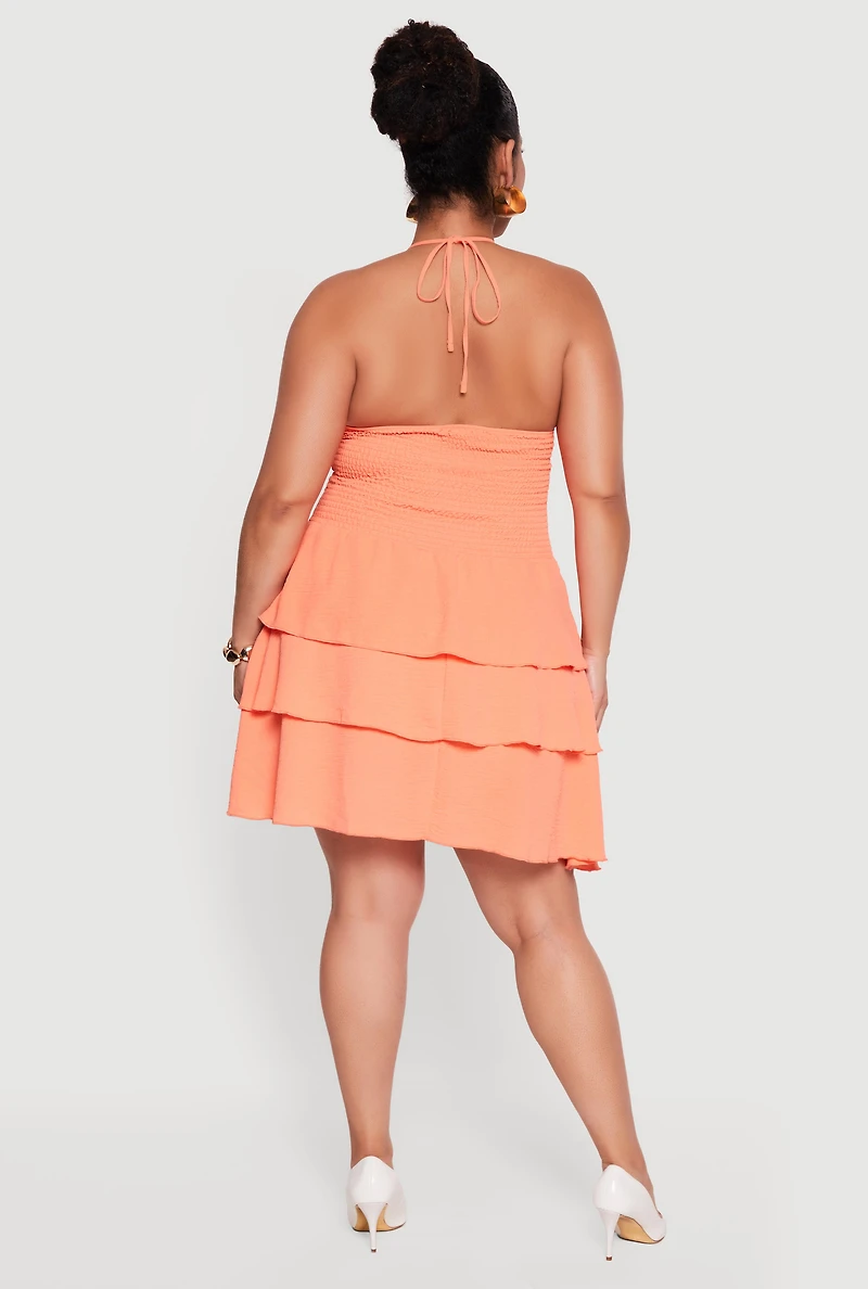 Plus Smocked Tiered Ruffle Halter Neck Mini Dress
